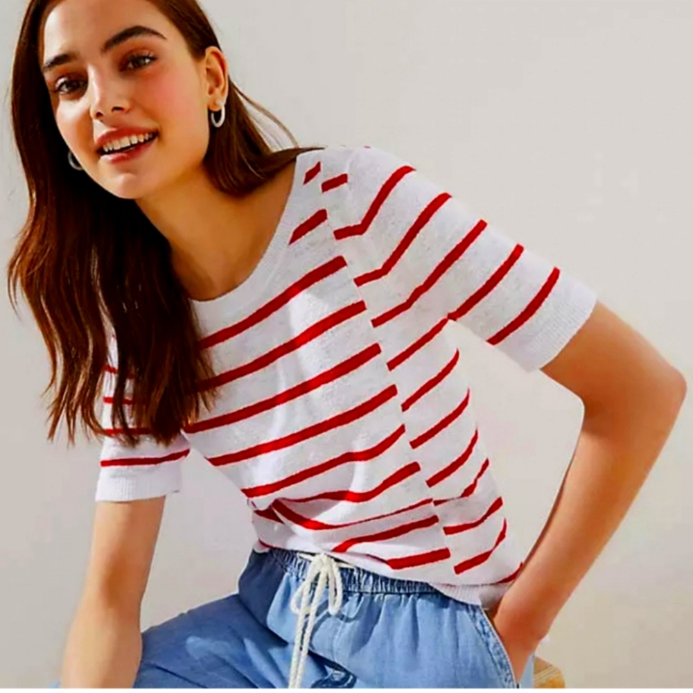 - Loft short sleeve nautical red striped lightweight spring sweater